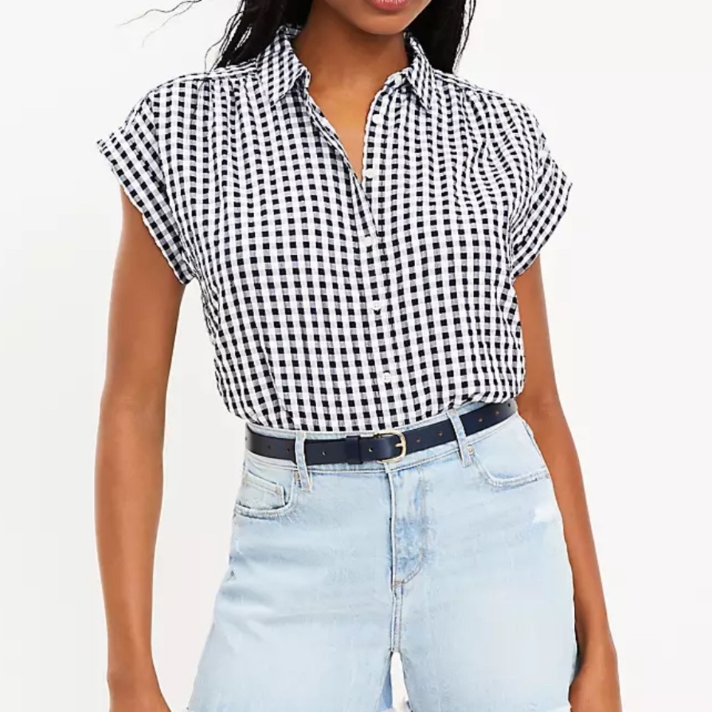 LOFT Black and White Gingham Button Down Shirt